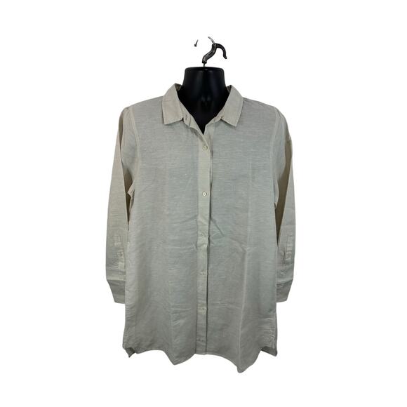J Crew Linen Blend Beach Shirt in Natural Linen Sz Large Oversized Flowy Capsule - Picture 1 of 12